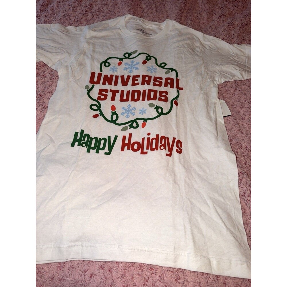 Universal Studios Happy Holidays Youth White T Shirt Top Christmas NWT